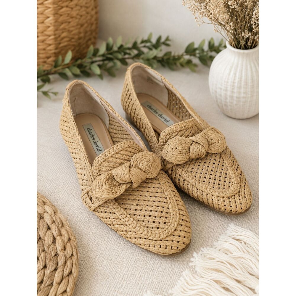 Charles David Raffia Woven Bow Loafer Shoes Beige Tan Flats Size 6.5
